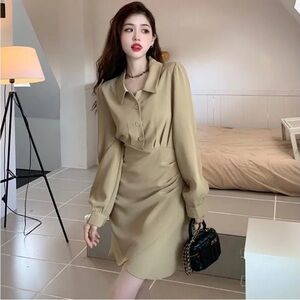 Korean Brand Tan Button-Up Long Sleeve Dress